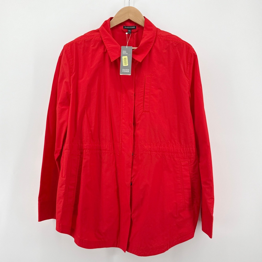 NEW NWT Eileen Fisher Red Water Resistant Rain Jacket Size XL Cinch Waist Collar